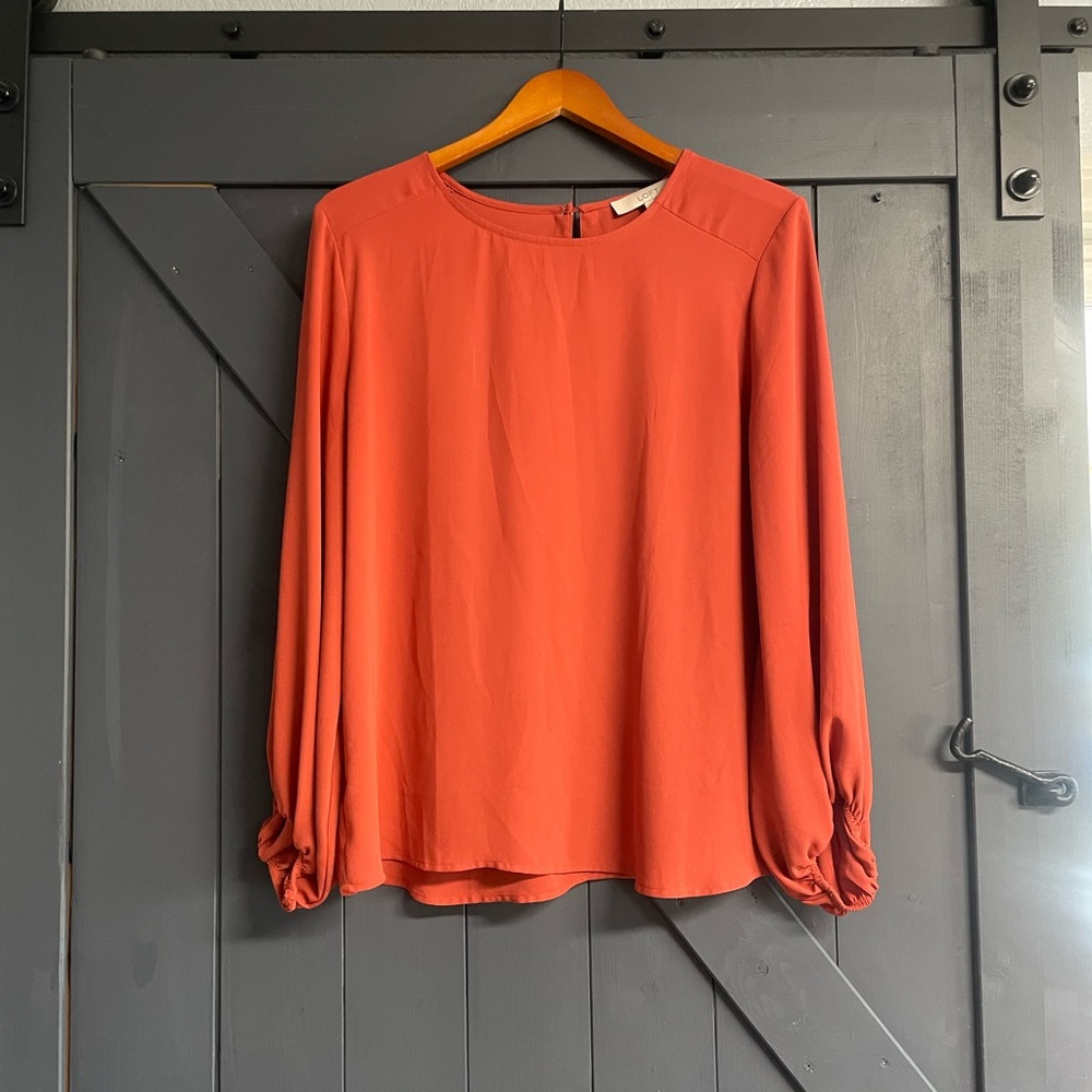 LOFT Burnt Orange Long-Sleeve Blouse with Gathered Cuffs